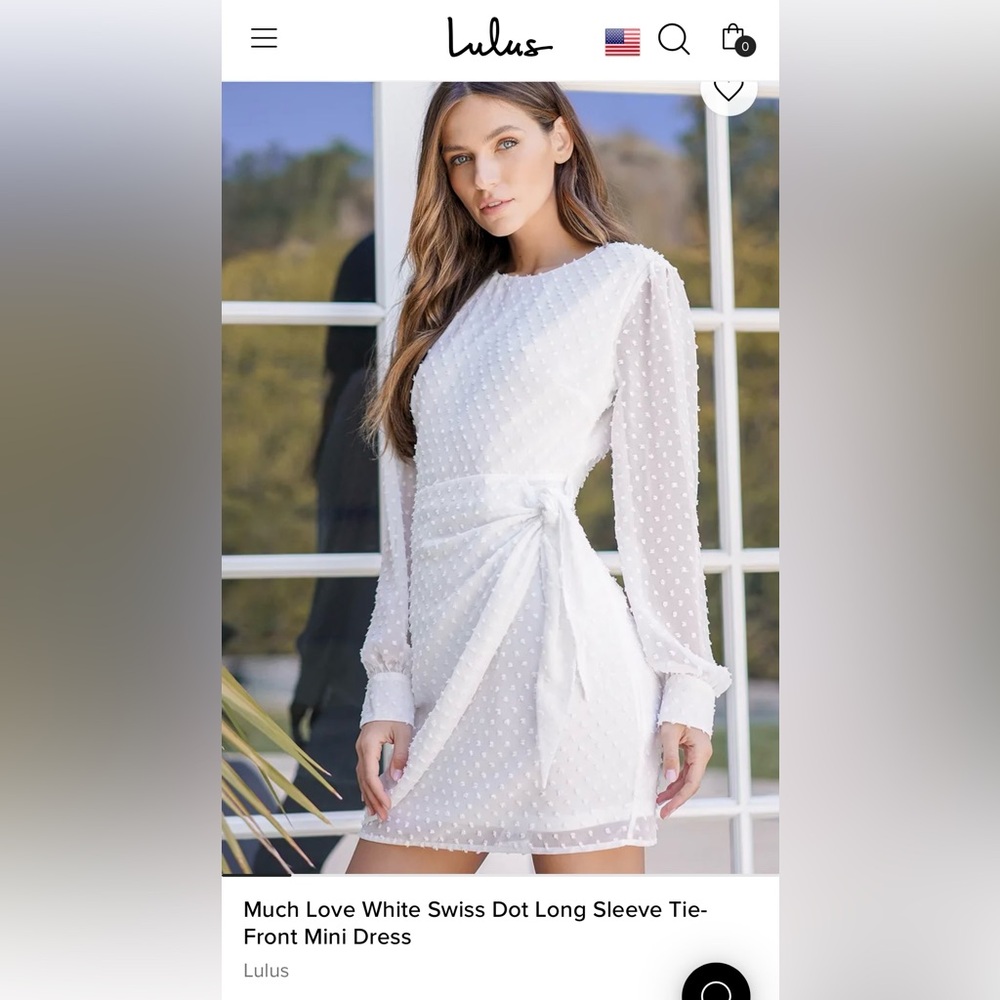 Lulu's Much Love White Swiss Dot Long Sleeve Tie Front Mini Dress Size Medium